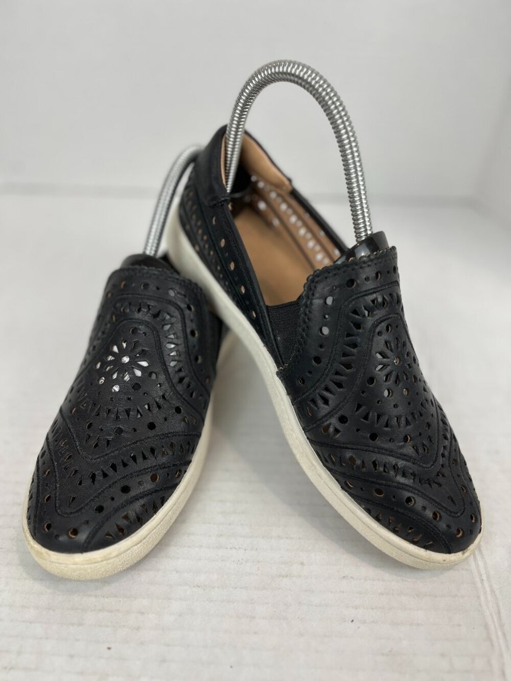 Women's UGG black laser cut leather loafer, Size US 7